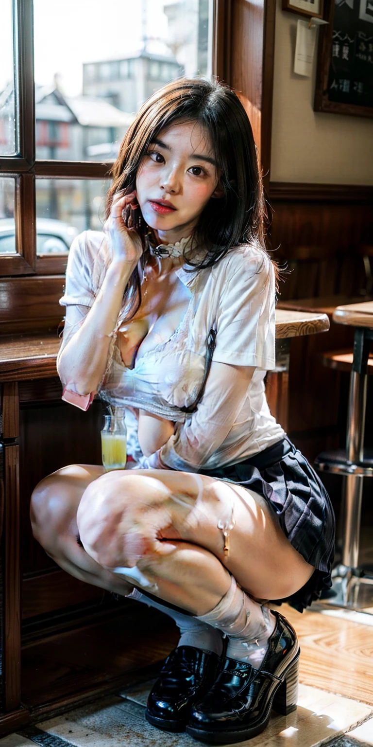 japanese school girl，Pregnant women with，with short black hair，Student uniform，pleatedskirt，fishnet stockings，Wear a collar，Squat in the bar，There are crowds，legs separated，student shoes，sticking out her tongue to lick，The milky white liquid drips on the face and mouth，White liquid drips between the legs，There is a small puddle of white liquid at the feet，(Highest picture quality)，(Delicate face，Blushlush)，(scowling)，(Thin body)，(Wheat complexion)，(gigantic cleavage breasts，Excitation)，(Wide crotch)，(Big breasts Thin waist)，(fine detailed skin)、(Photos realistic)(top-quality), 8K, Ultra HD, high high quality, Grain Film，Full body vista