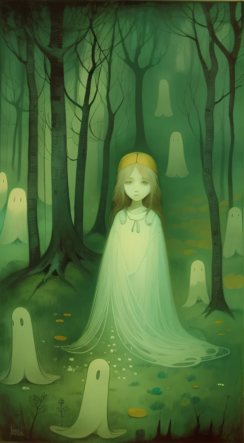 lonely girl surrounded by ghosts in a gloomy and terrifying forest in style of Odilon Redon