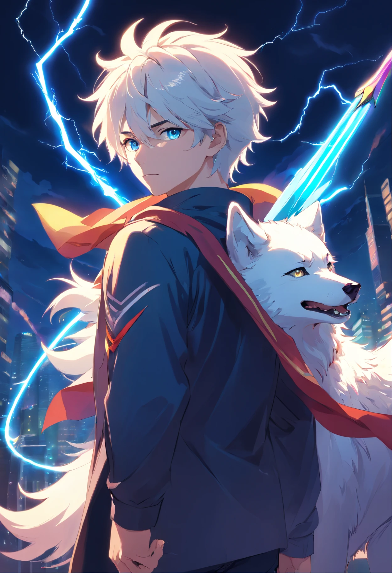 A young age man with a white wolf tail with white curly hair with blue tips and white eyes in a black outfit with a rainbow cape holding a lightning bow and arrow