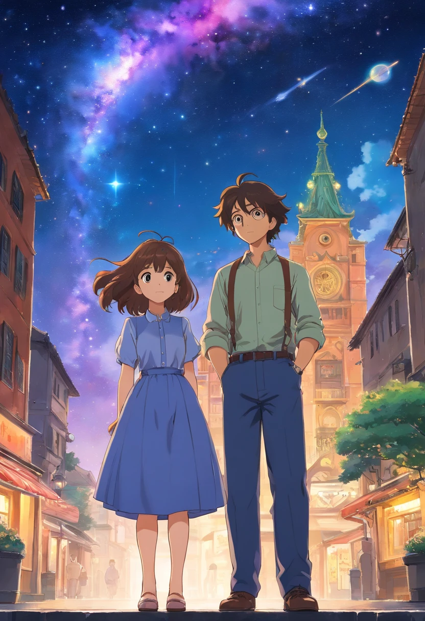 Make the cover of a romance book with the couple enm standing looking at the galaxy. mulher com cabelo ondulado loiro e homem com cabelo escuro ondulado. She wears librarian's clothes and he wears clothes from the 40s.