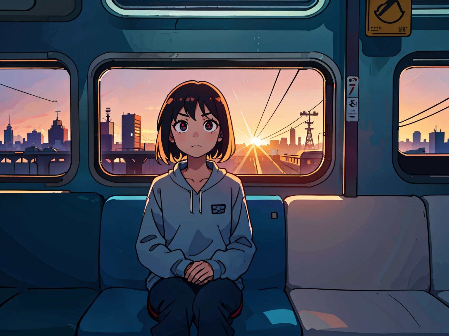  girl on the train, Unclean,  City Background, Sunset
(top-quality:0.8), (top-quality:0.8), perfect anime illustration, Dark indistinct face, Glowing eyes