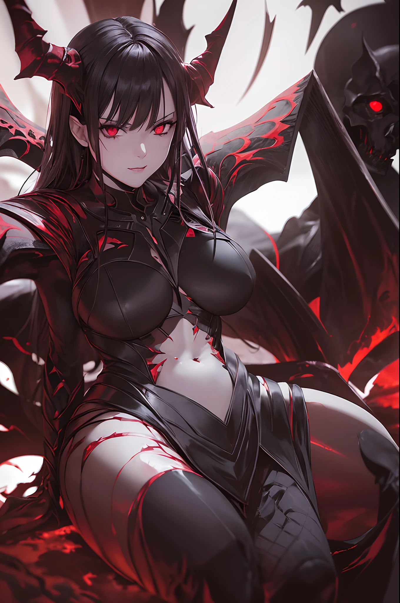 (Dark lighting, sharp shadows, photorealistic, high detail, hyperrealistic, sharp focus). Archdemon woman with detailed eyes, evil eyes and demonic horns. She is sitting in front of a pile of skulls in the eerie atmosphere of the blood-stained comcombs. She is wearing a classy outfit that accentuates her demonic features.