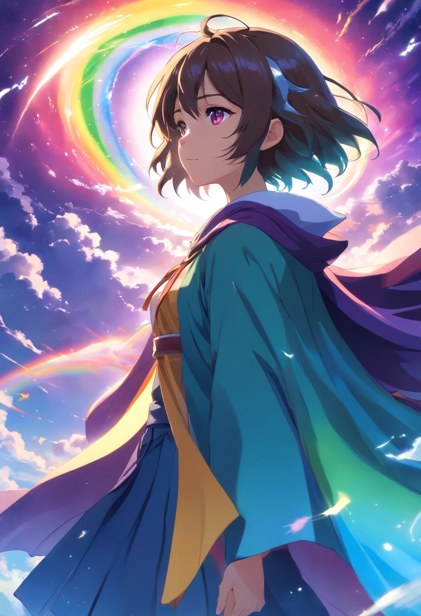 Um jovem adolescente com uma cauda de lobo branco com cabelos cacheados brancos com pontas azuis e olhos brancos em uma roupa preta, with a rainbow cape, pulling a purple ray from the sky