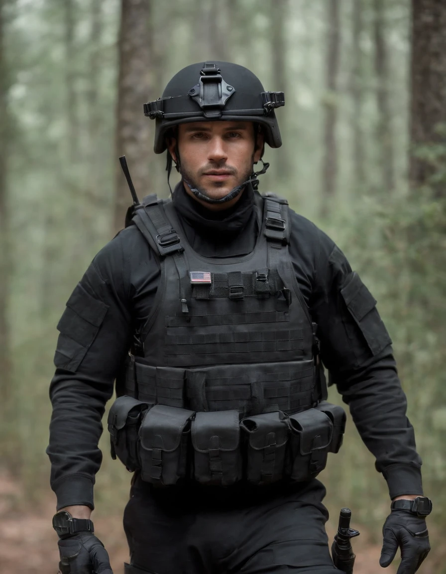 full body, male army special forces Clad in a sleek black tactical uniform and donning combat gear. Wears a tactical vest adorned with ammunition and equipment pouches. He embodies the qualities of a highly trained and skilled warrior