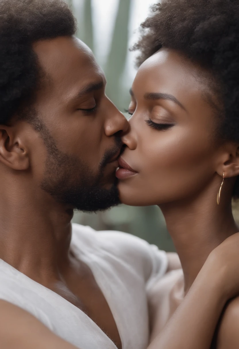 Masterpiece, a couple, Caucasian man, afro woman, love, kiss, high detail, perfect anatomy, photorealistic.