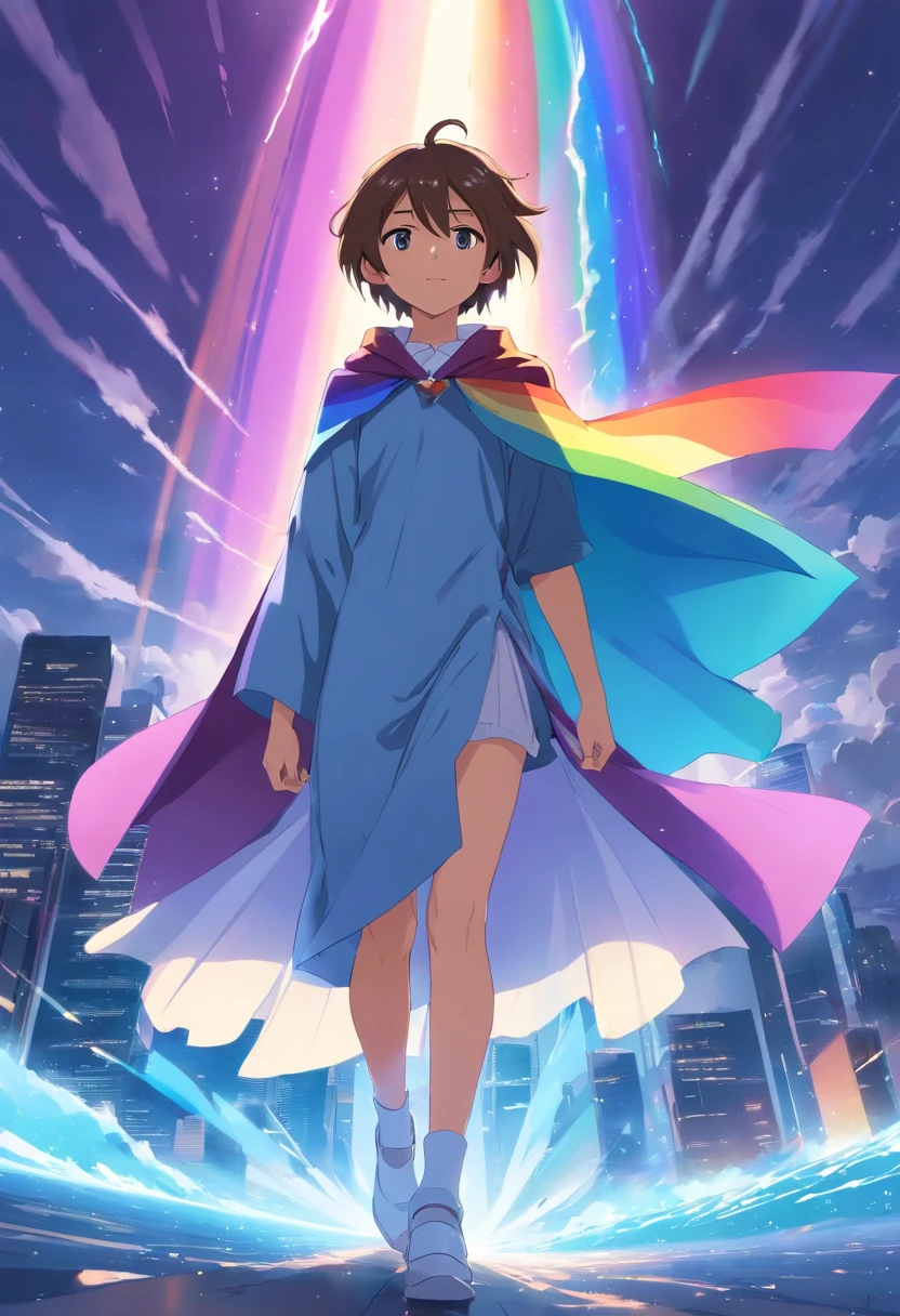 Um jovem homem adolescente com uma cauda de lobo branco com cabelos cacheados brancos com pontas azuis e olhos brancos em uma roupa preta, with a rainbow cape, pulling a purple ray from the sky