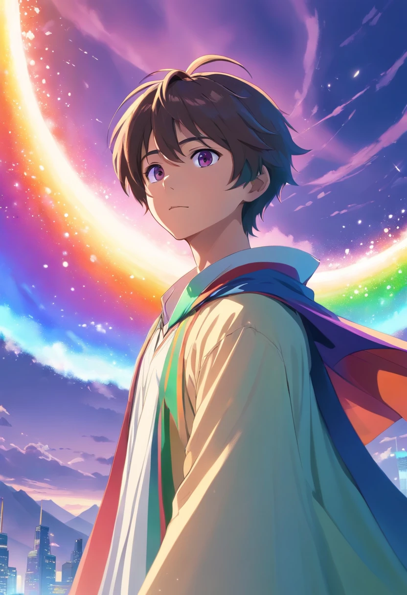 Um jovem homem adolescente com uma cauda de lobo branco com cabelos cacheados brancos com pontas azuis e olhos brancos em uma roupa preta, with a rainbow cape, pulling a purple ray from the sky
