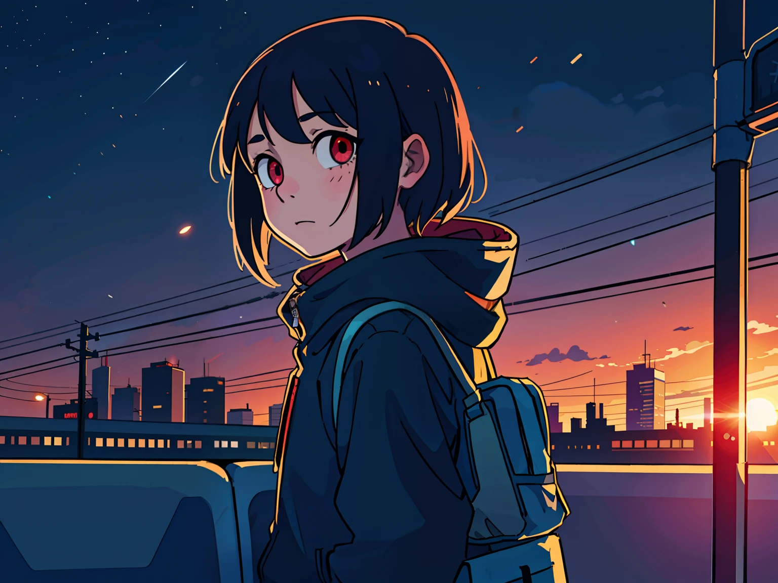 Teenage girl on the train, Unclean, City Background, Sunset
(top-quality:0.8), (top-quality:0.8), perfect anime illustration, Dark indistinct face, Glowing eyes