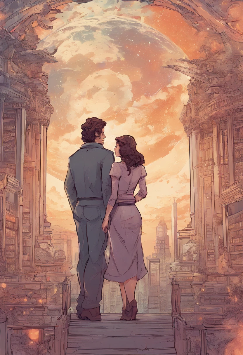 Make the cover of a romance book with the couple enm standing looking at the galaxy. mulher possui um cabelo ondulado loiro e homem com cabelo escuro ondulado. She wears librarian's clothes and he wears clothes from the 40s.