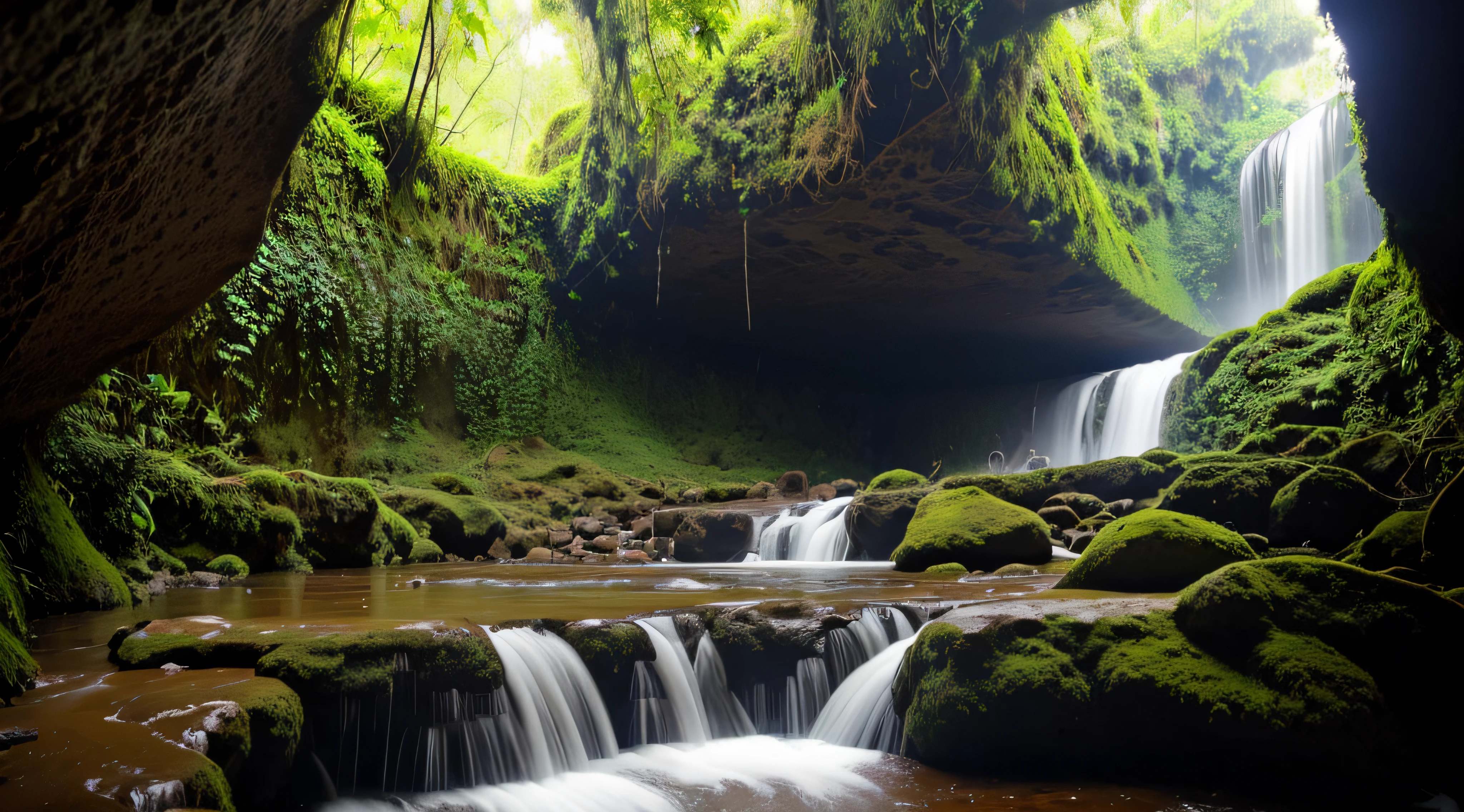 cachoeira dentro de uma caverna em uma floresta tropical