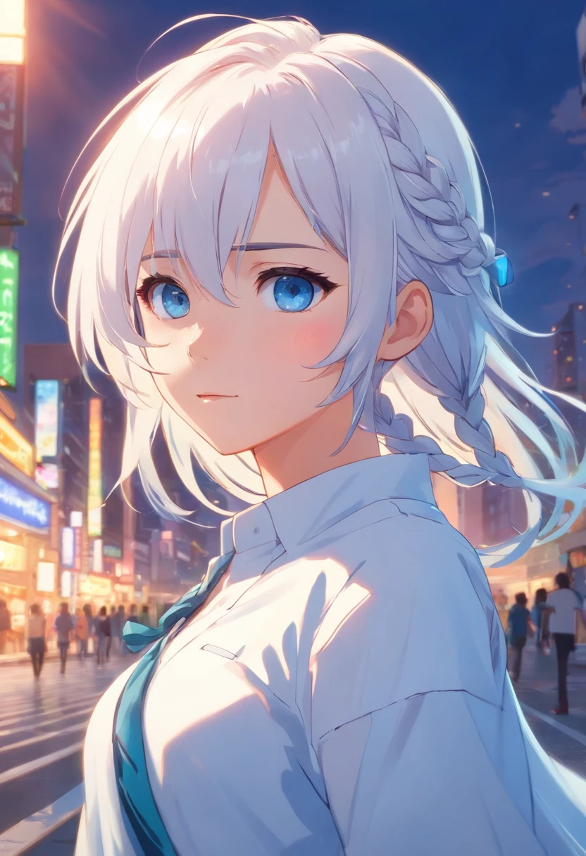 Excellent, masterpiece, white hair, blue eyes, white clothes, upper body, hair, fair skin, side braids, best quality