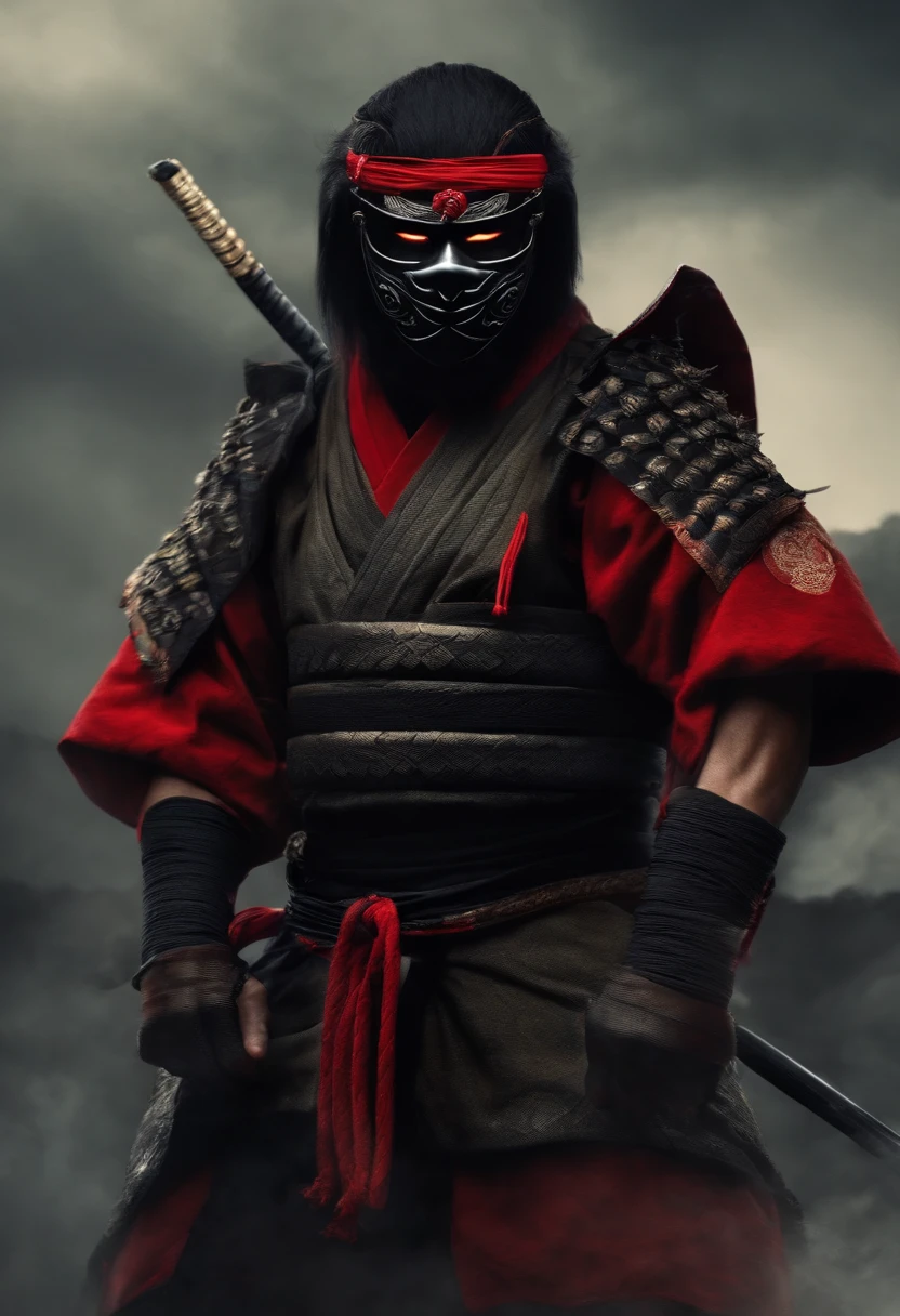 a ninja with a Japanese oni mask, com uma roupa preta, menacingly