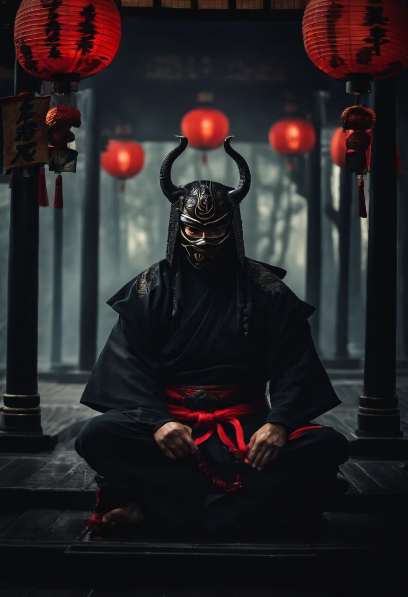 a ninja with a Japanese oni mask, com uma roupa preta, menacingly