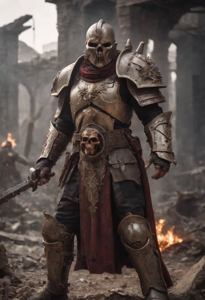 metal maden male chaos warrior of khorne in armor is holding a great sword in a ruined post-apocalyptic city, skulls mask, sci-fi, fantasy, horror, skulls on the ground, blood, Tornado, Roman, Empty chairs,Tangled roots,Key, Warped,Mangled,Ethereal, (Isolation:1.1), (Glaze:1.1), (Reflected light:1.2), Glass, Polygon, ultra detailed, intricate, oil on canvas, dry brush, (surrealism:1.1), (disturbing:1.1)