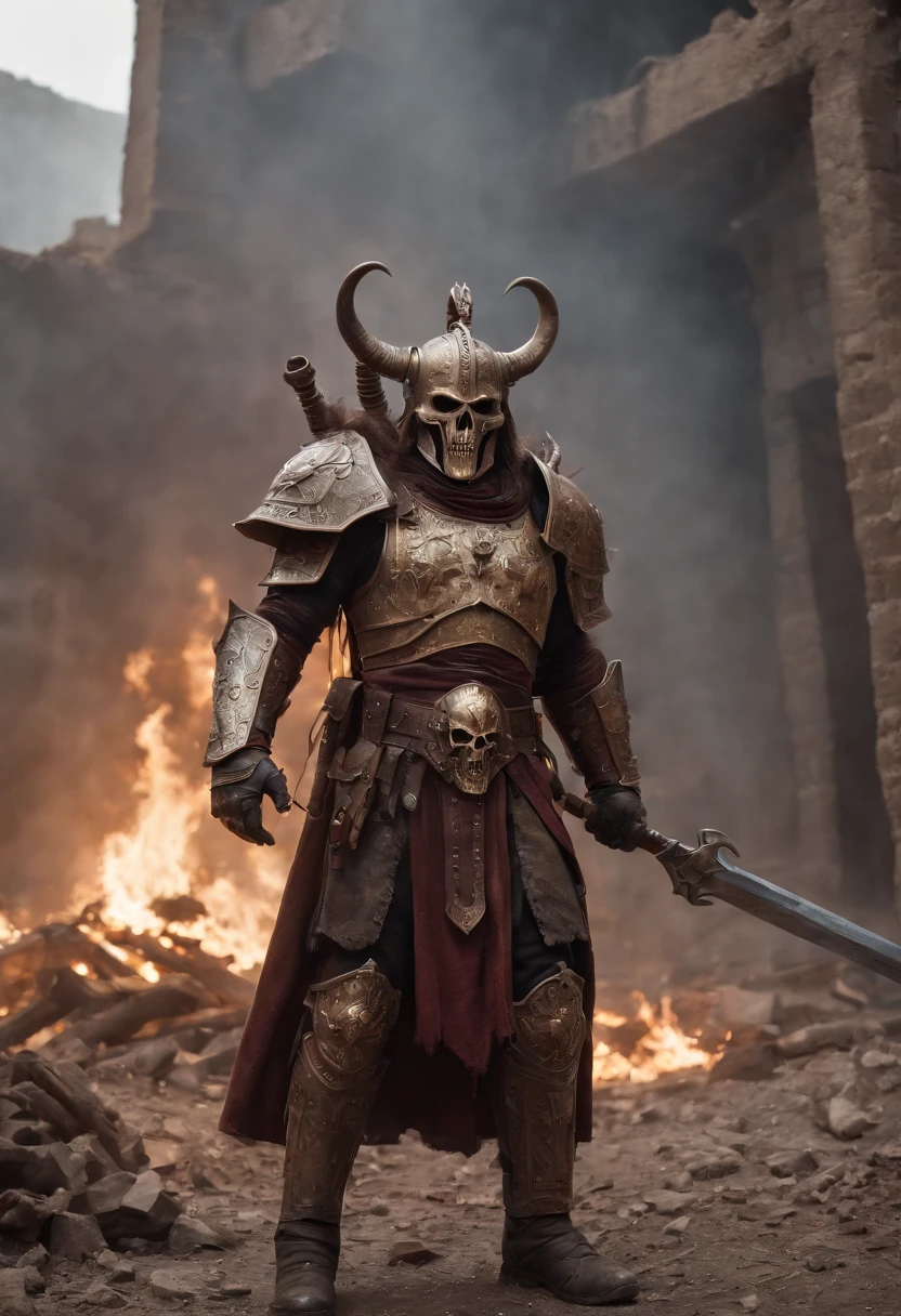 metal maden male chaos warrior of khorne in armor is holding a great sword in a ruined post-apocalyptic city, skulls mask, sci-fi, fantasy, horror, skulls on the ground, blood, Tornado, Roman, Empty chairs,Tangled roots,Key, Warped,Mangled,Ethereal, (Isolation:1.1), (Glaze:1.1), (Reflected light:1.2), Glass, Polygon, ultra detailed, intricate, oil on canvas, dry brush, (surrealism:1.1), (disturbing:1.1)
