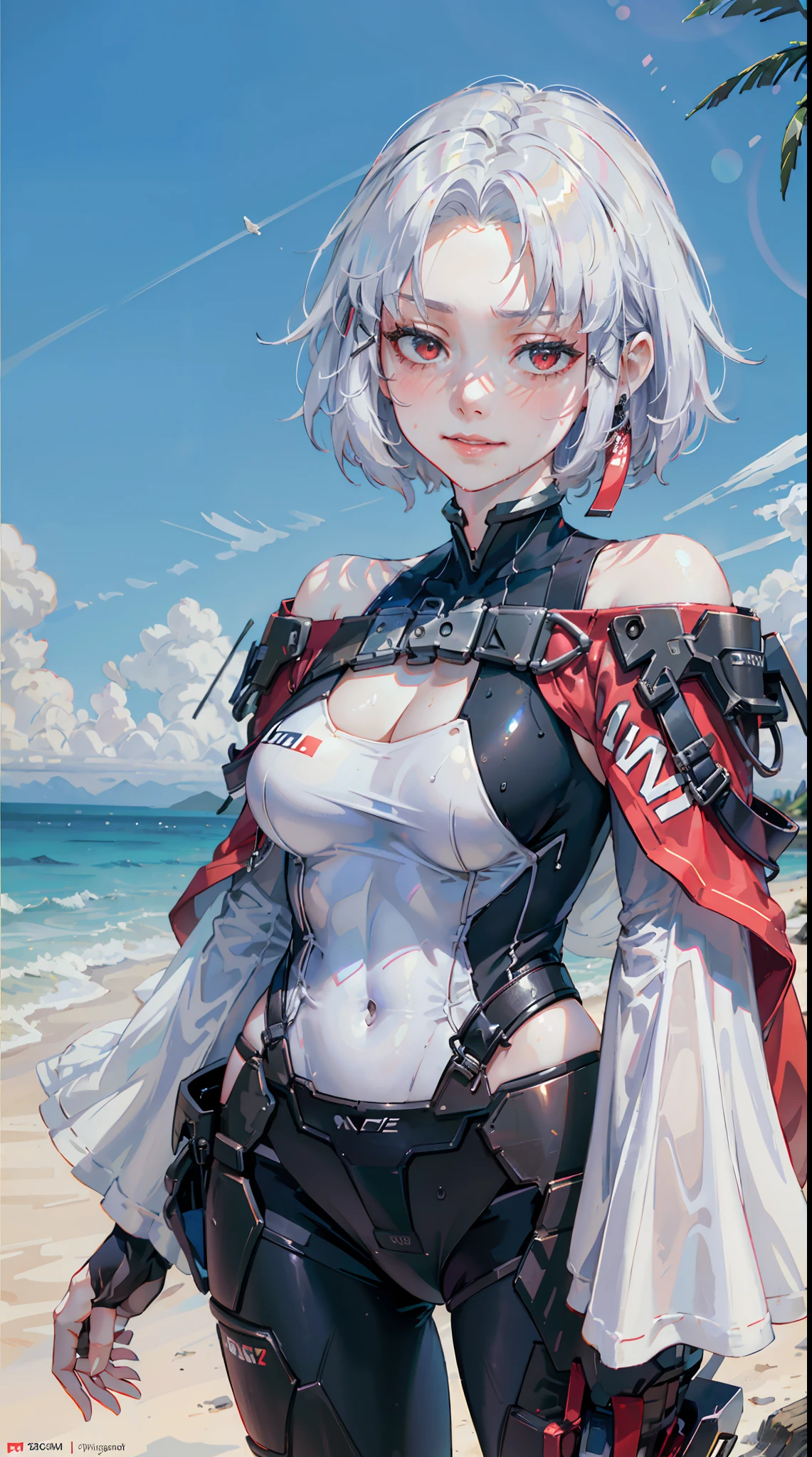 ((((masterpiece, best quality, high resolution)))), Extremely detailed 8K, Beautiful girl with slender body, (Ultra HD, Ultra-detailed, Highly detailed, Highly realistic, Ultra-realistic, photograph realistic), (1girl:1.5), white hair, short wavy hair, bob cut, red eyes, light smile, blush, average breasts, wet, beach, (sunbeam, sunlight, rose, wind),