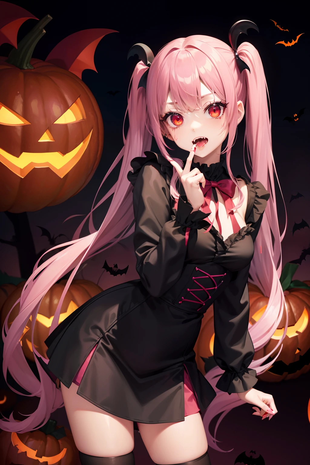 Halloween , Vampire、a cool、a miniskirt, long hair with pink twin tails,,,,,,,,,,,,,,,,,,,,, Looking at the viewer, Front view,Halloween Vampire Costumes、Sharp fangs、Red Eyes、Blood from the mouth、the bats、Vampire House、Pumpkin Obake、Obake