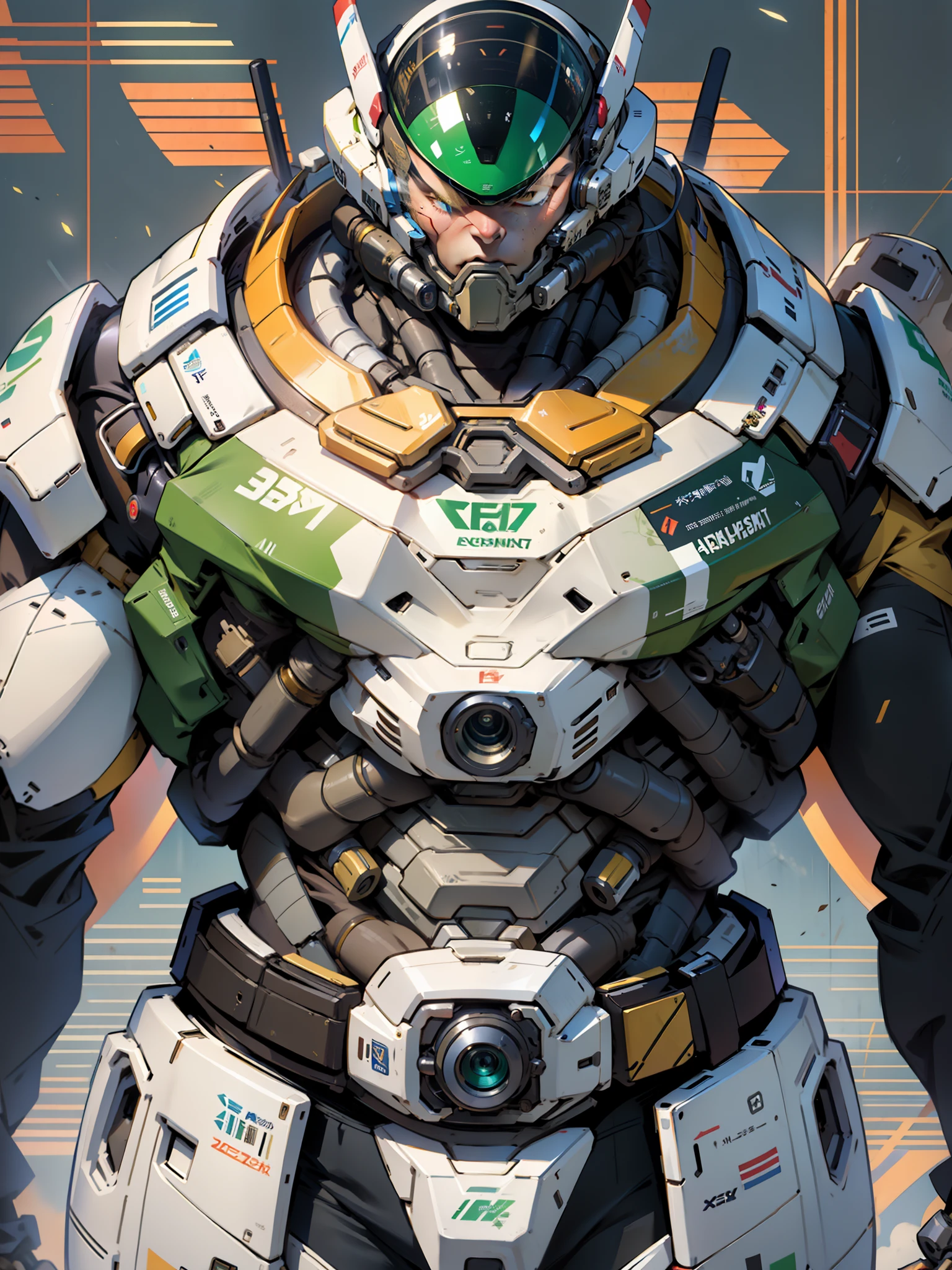 ((masterpiece)), ((best quality)), 8k, high detailed, ultra-detailed, mechanical buzz lightyear head, wearing astronaut mech clothing, astronaut helmet, bulky armor, massive weapon, samurai element, green and white color, big mecha robot