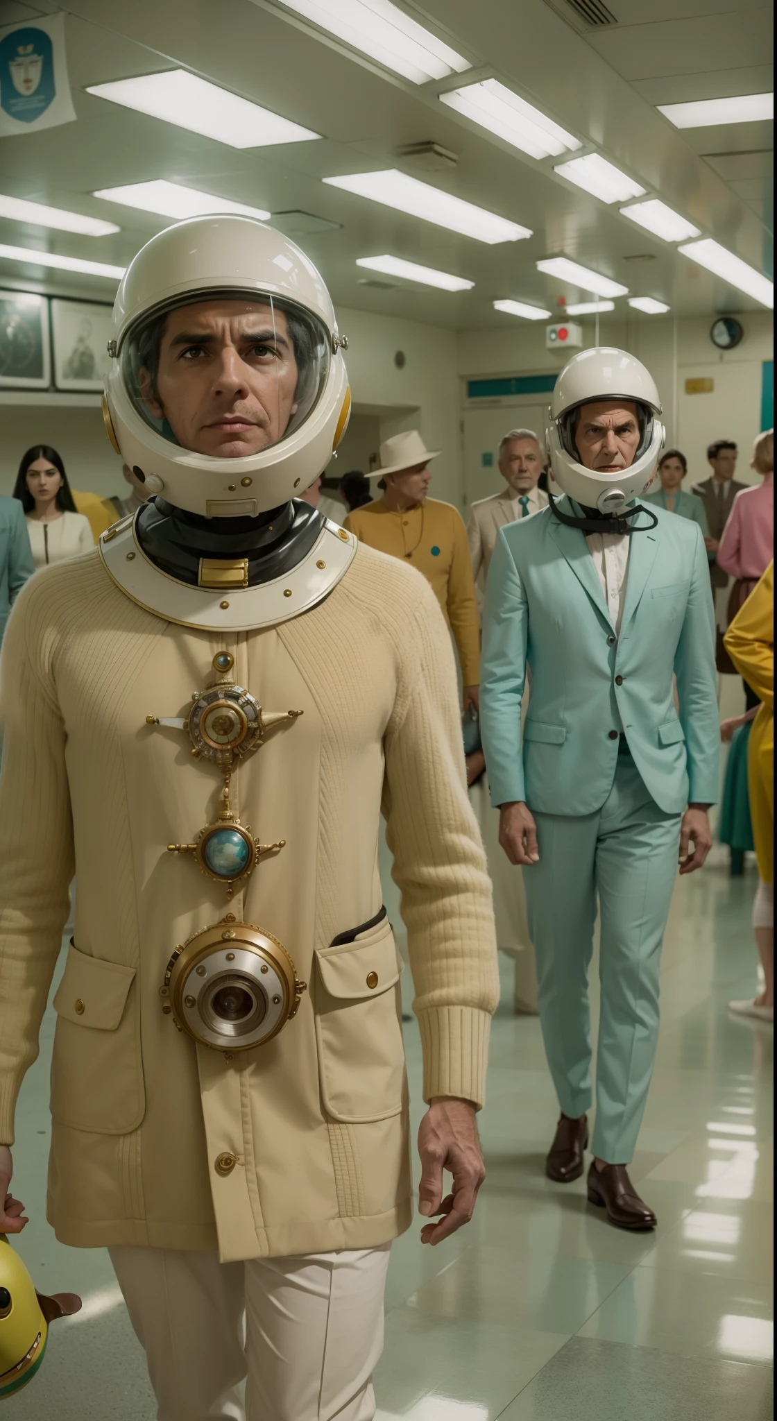 8k portrait of a 1960s science fiction film by Wes Anderson, Vogue anos 1960, pastels colors, There are men wearing weird futuristic masks and wearing extravagant retro fashion outfits and men wearing alien makeup and old ornaments with mechanical pets at school, Luz Natural, Psicodelia, futurista estranho, fotorrealista, hiper detalhado, foco nítido, Intrinsic, Fuji filmes 55mm,