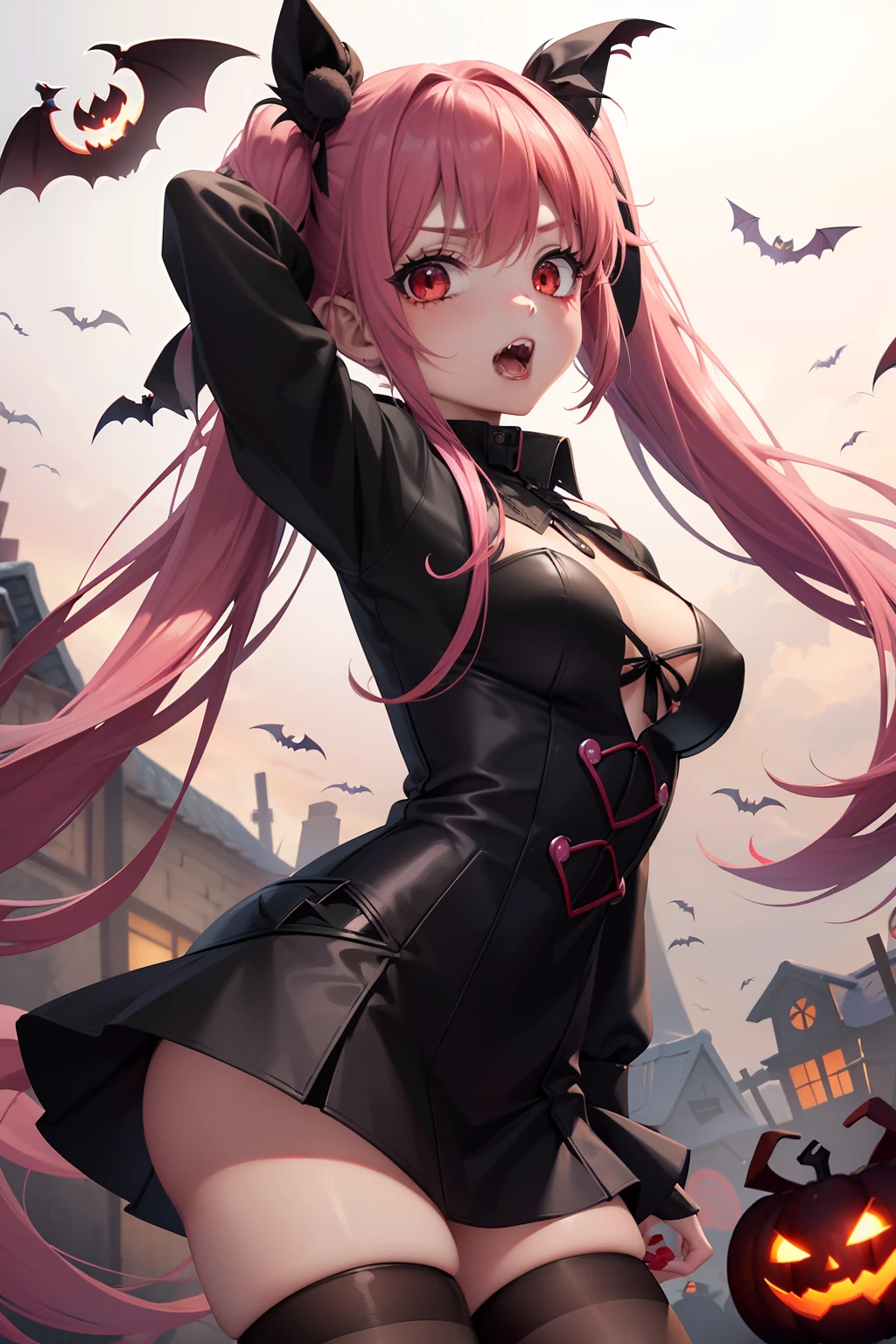 Halloween , Vampire、a cool、a miniskirt, long hair with pink twin tails,,,,,,,,,,,,,,,,,,,,, Looking at the viewer, Front view,Halloween Vampire Costumes、Sharp fangs、Red Eyes、Blood from the mouth、the bats、Vampire House、Pumpkin Obake、Obake