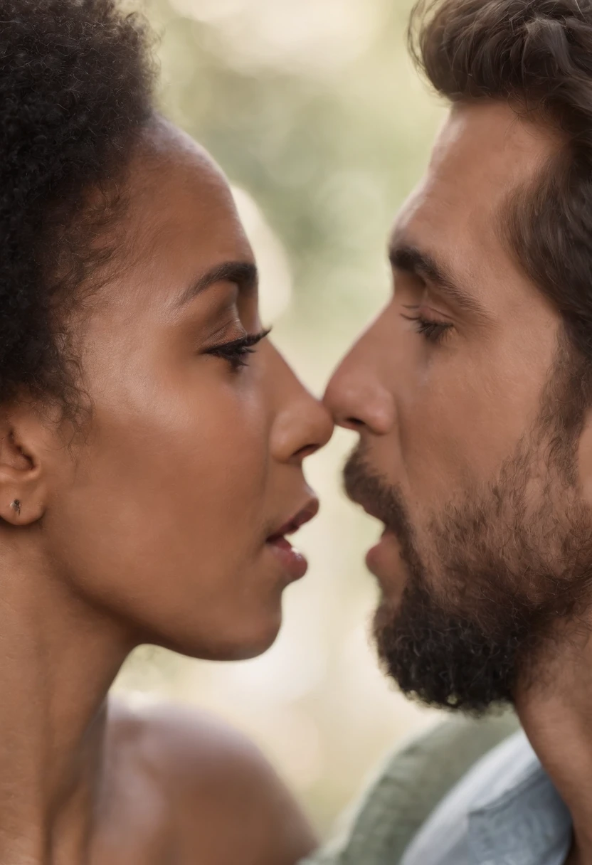 Masterpiece, a couple, Caucasian man, afro woman, love, kiss, high detail, perfect anatomy, exact anatomy, photorealistic.