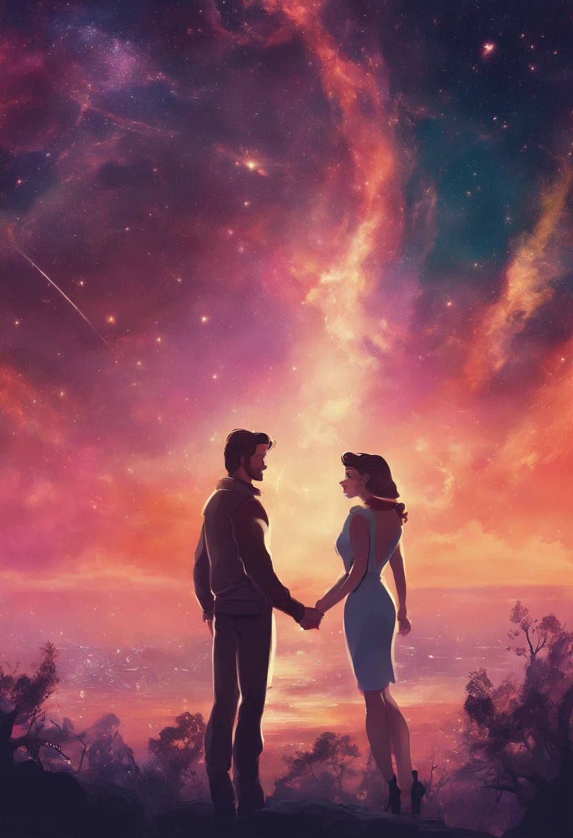 Make the cover of a romance book with the couple standing looking at the galaxy. mulher com cabelo ondulado loiro e homem com cabelo escuro ondulado. She wears librarian's clothes and he wears clothes from the 40s.