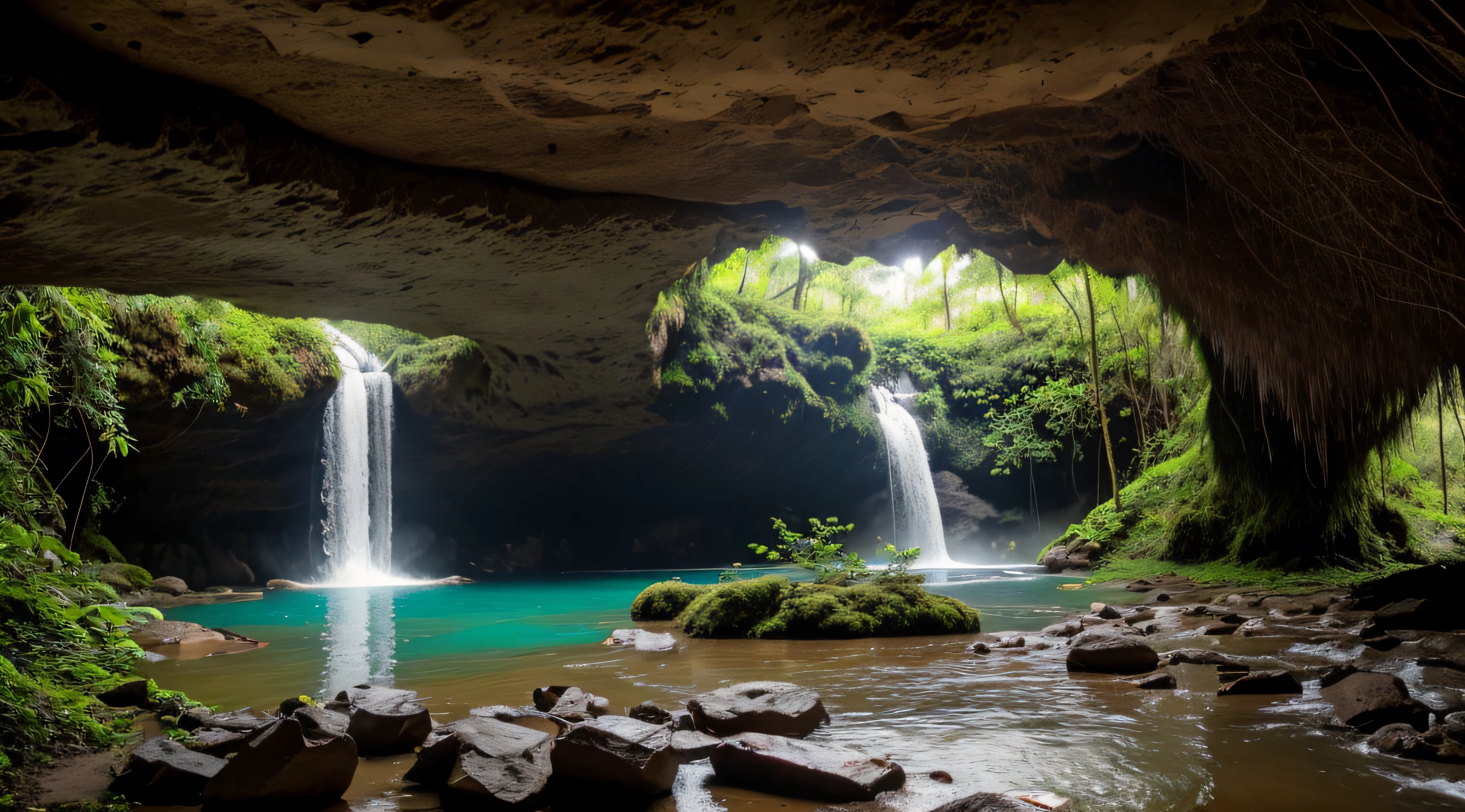 cachoeira dentro de uma caverna em uma floresta tropical