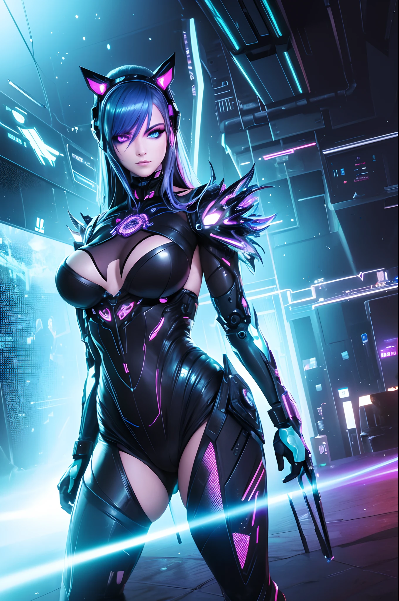 (best quality, highres:1.2), ultra-detailed, realistic, concept artist, portrait, vivid colors, studio lighting, laser lights, technology, futuristic, 3D rendering, electric glow, biomechanical, extravagant makeup, cyberpunk aesthetic, sparkling jewels, glowing tattoos, cybernetic enhancements, high-tech fashion, reflective surfaces, bionic limbs, advanced robotics, digital art, dystopian, post-apocalyptic, striking contrast, dynamic composition, immersive environment, sci-fi ambiance, colorful holograms, dark background, ethereal aura, translucent elements, neon grids, mind-blowing details, perfect symmetry, ornate accessories, glamorous diva, unconventional beauty, controlled chaos, mesmerizing gaze, alluring posture, confident presence, technological marvels, unique and enchanting.