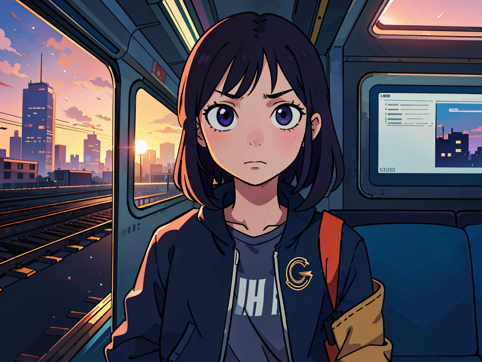 girl on the train, Unclean, City Background, Sunset
(top-quality:0.8), (top-quality:0.8), perfect anime illustration, Dark indistinct face, Glowing eyes
