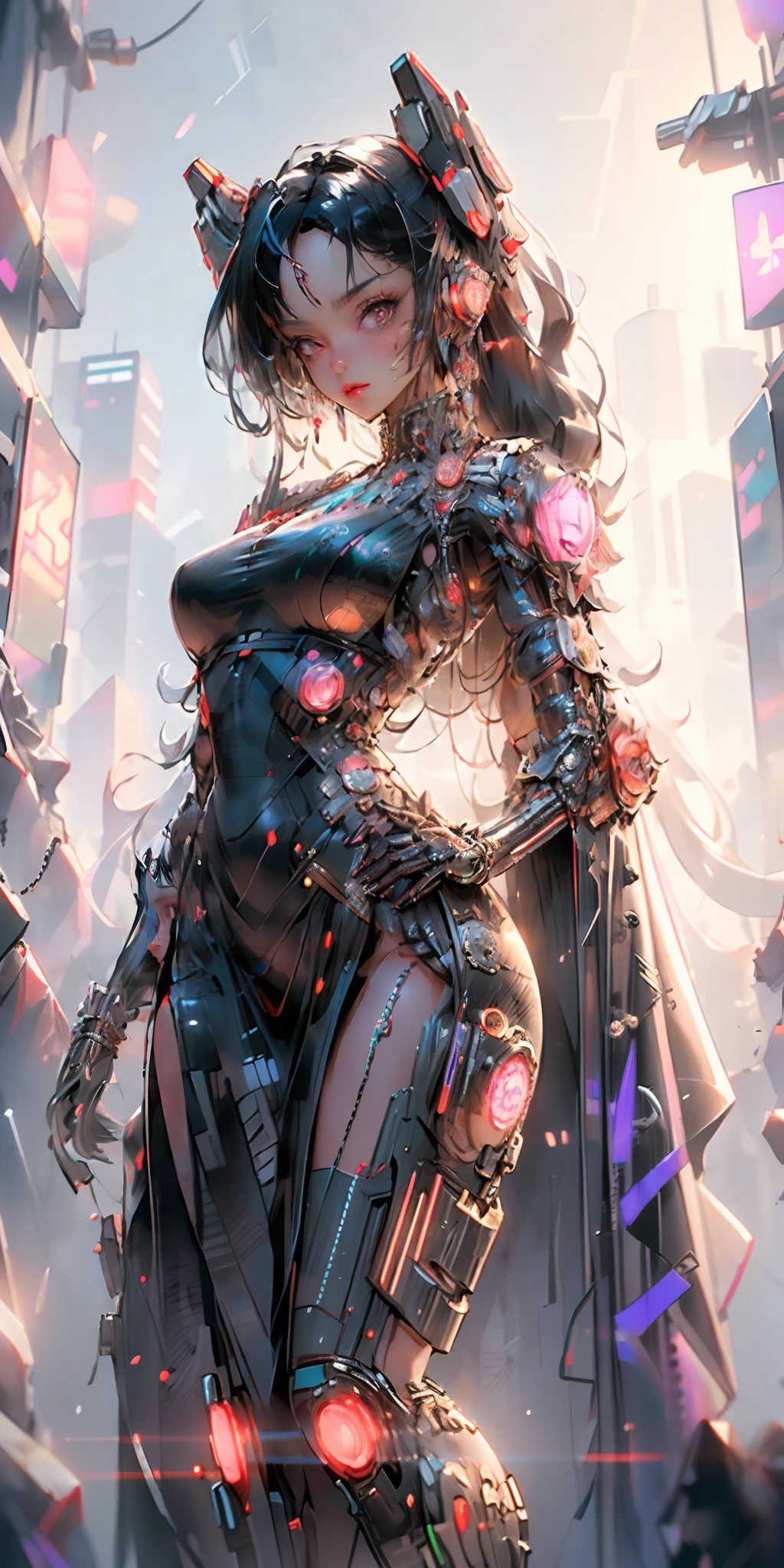 ((Best quality)), ((masterpiece)), (highly detailed:1.3), 3D, black woman goddess (cyberpunk:1.3), woman dressed as sexy one-piece maid, long black hair looking at camera, nsfw