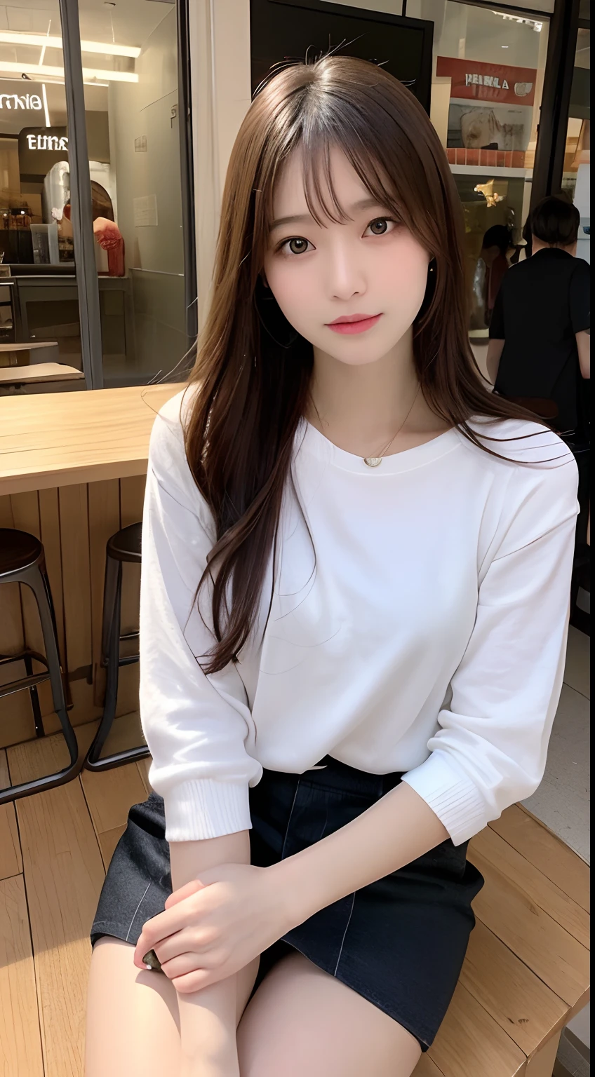 finely detail, hight resolution, hightquality、Perfect dynamic composition, Beautiful detailed eyes, Medium Hair, Natural Color Lip, full bodyesbian、1人の女性、a miniskirt、Shibuya、college aged、cafes