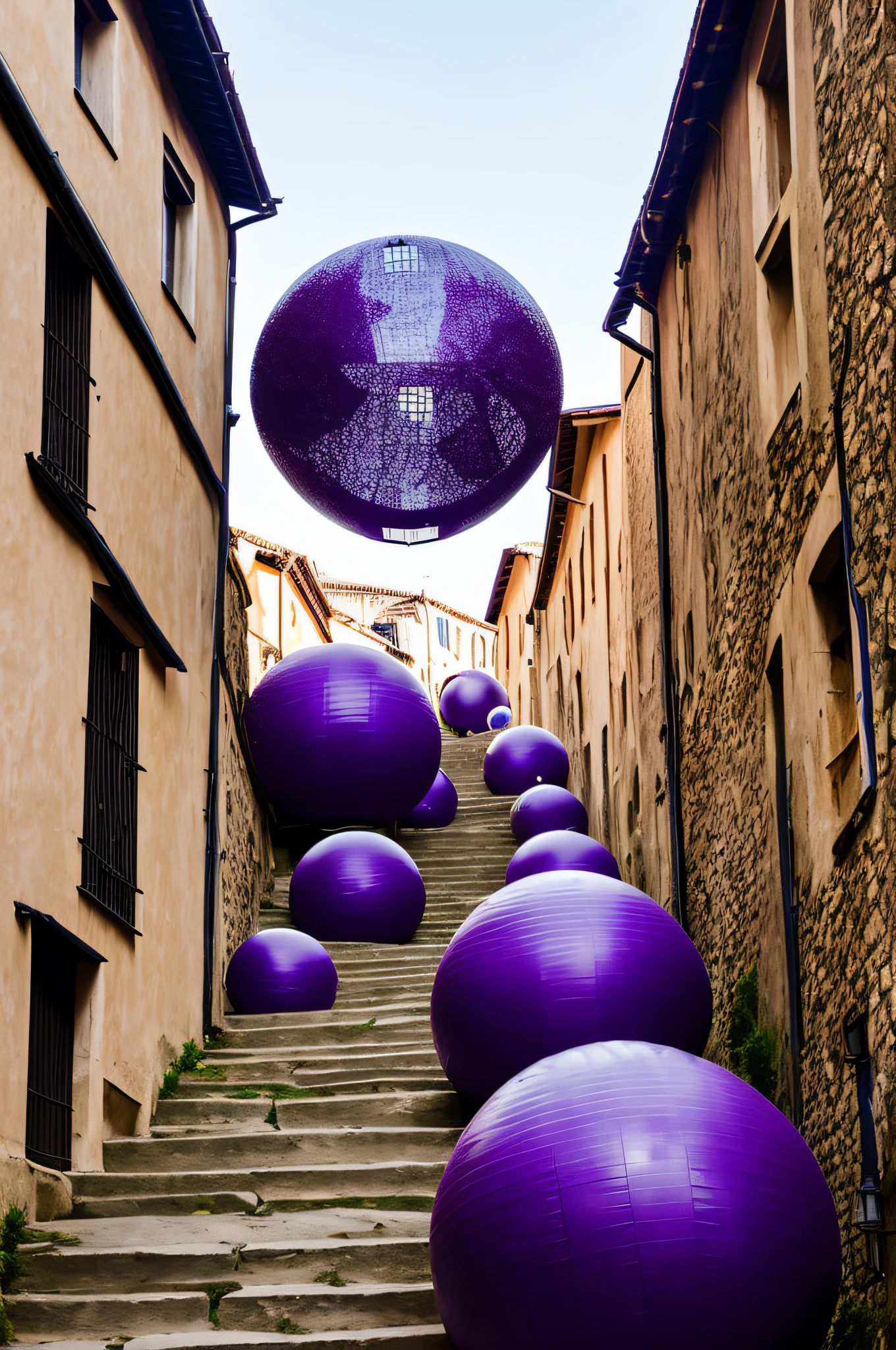 dark violet and white semitransparent giant  zorbing balls has dark violet and white semitransparent colors, roll down the stairs in the narrow alley of the old town, ultra detailed photo, depth of field, sunny atmosphere