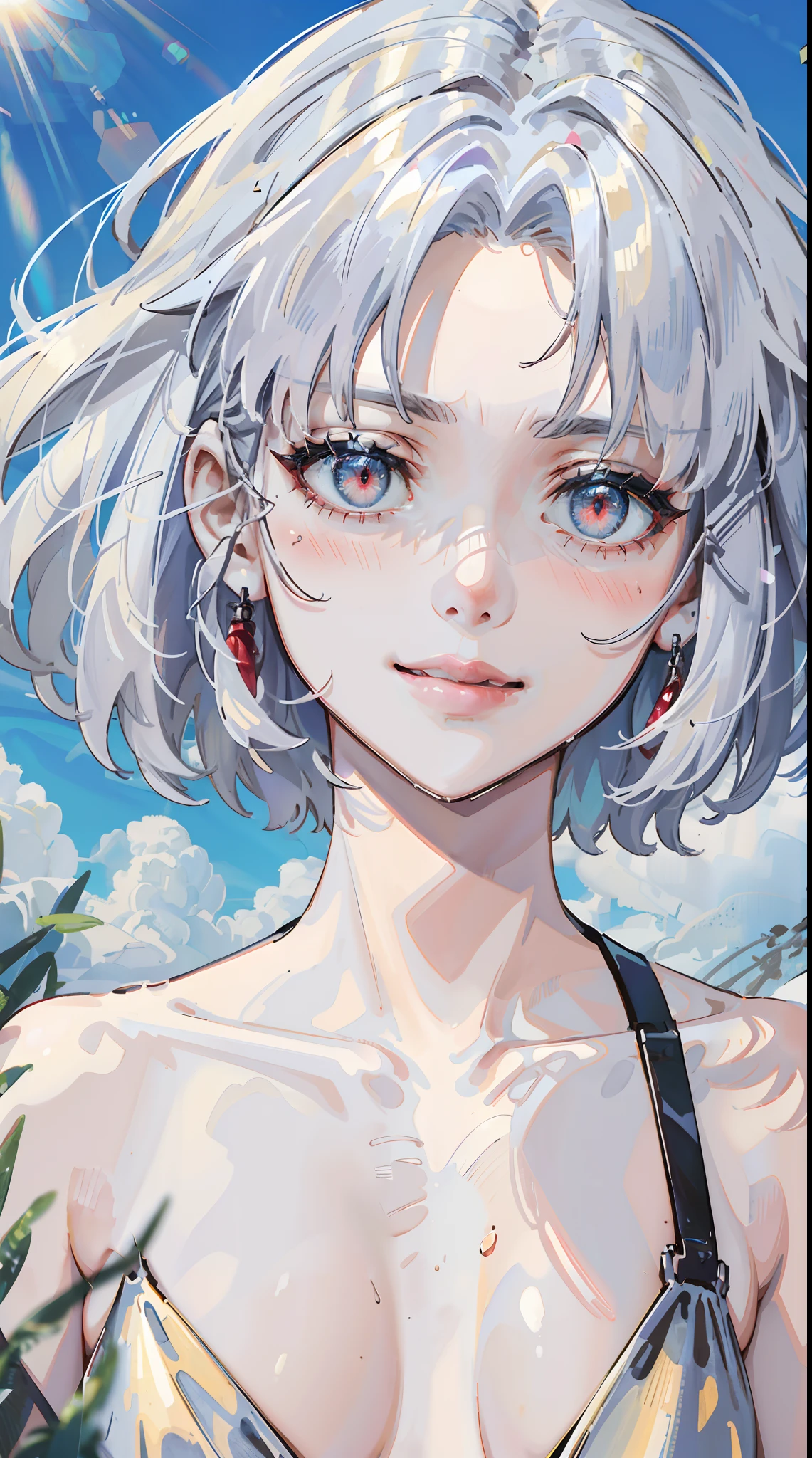 ((((masterpiece, best quality, high resolution)))), Extremely detailed 8K, Beautiful girl with slender body, (Ultra HD, Ultra-detailed, Highly detailed, Highly realistic, Ultra-realistic, photograph realistic), (1girl:1.5), white hair, short wavy hair, bob cut, red eyes, light smile, blush, average breasts, wet, beach, (sunbeam, sunlight, rose, wind),