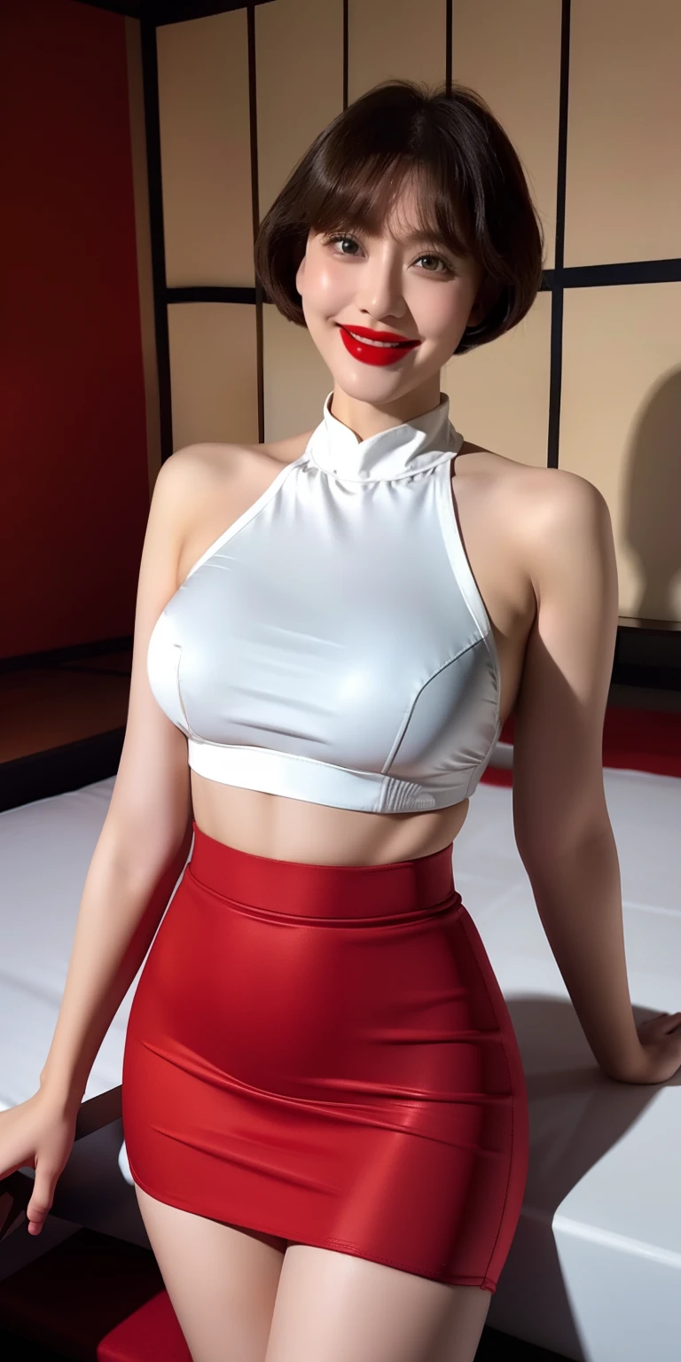 Silver Enamel Bodycon、Bob Hair、red lipsticks、a miniskirt、Full smile、Armpit、Skirt lift、traditional Japanese room