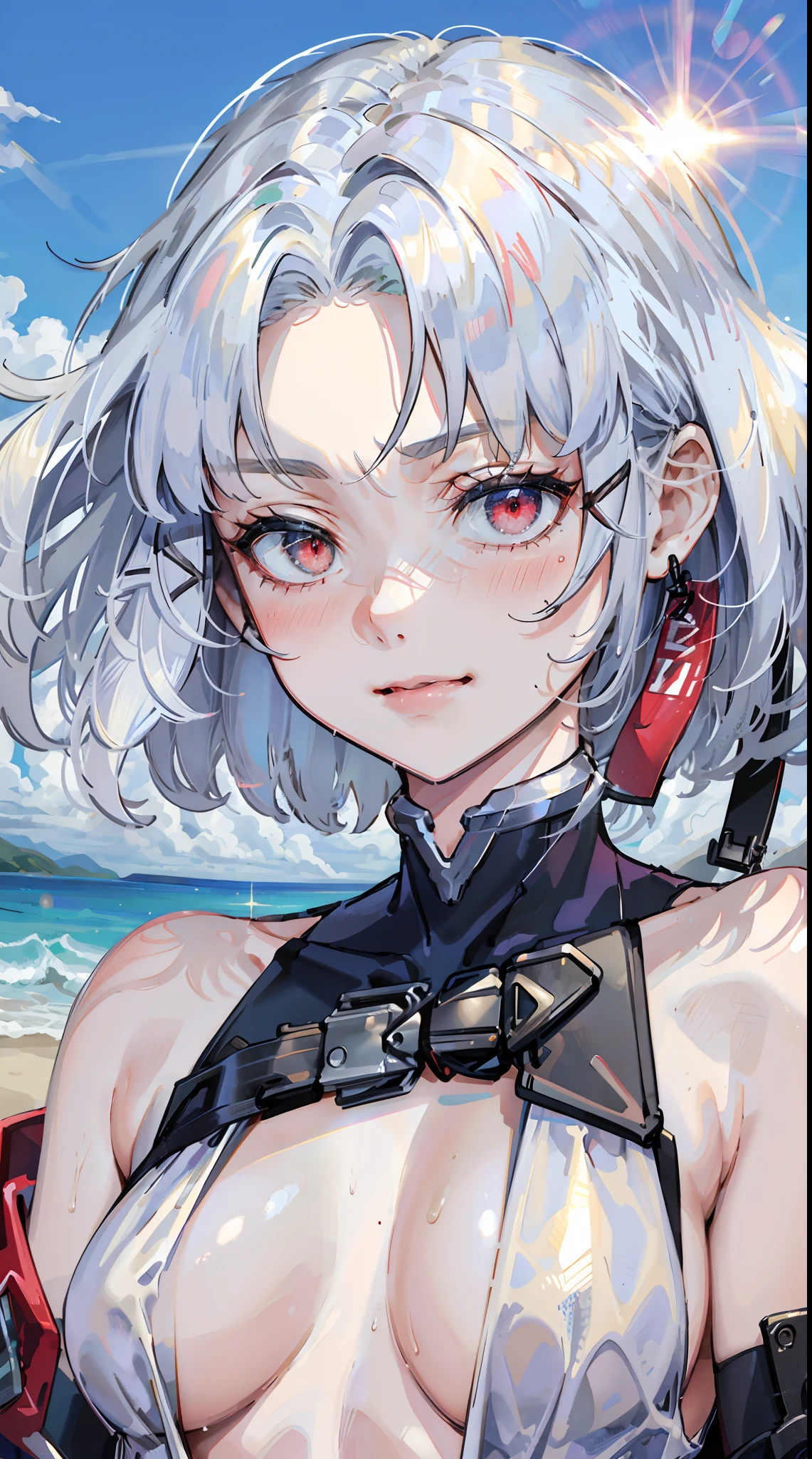 ((((masterpiece, best quality, high resolution)))), Extremely detailed 8K, Beautiful girl with slender body, (Ultra HD, Ultra-detailed, Highly detailed, Highly realistic, Ultra-realistic, photograph realistic), (1girl:1.5), white hair, short wavy hair, bob cut, red eyes, light smile, blush, average breasts, wet, beach, (sunbeam, sunlight, rose, wind),