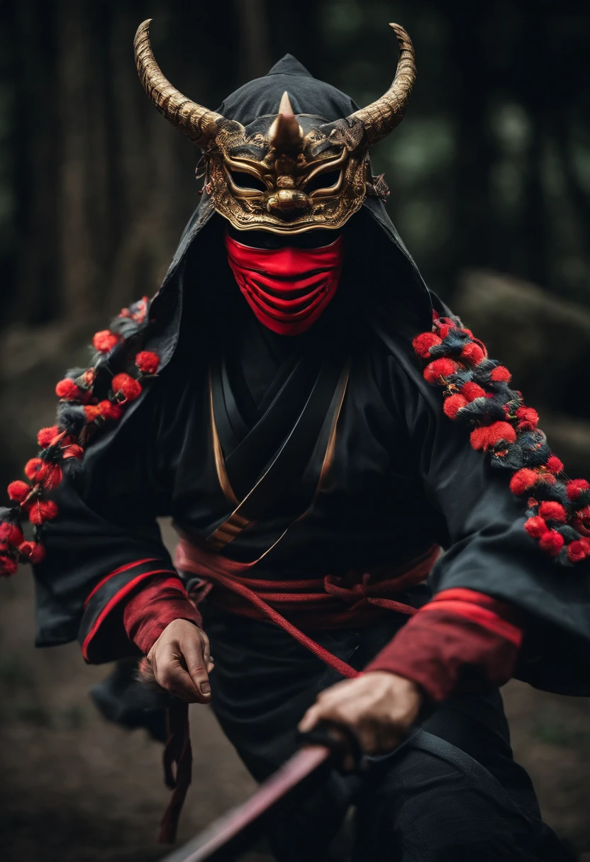 a ninja with a Japanese oni mask, com uma roupa preta, menacingly
