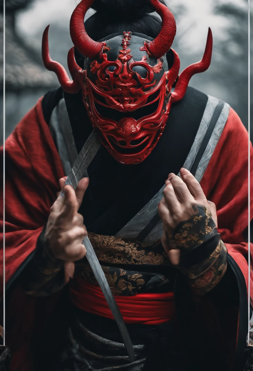 a ninja with a Japanese oni mask, com uma roupa preta, menacingly