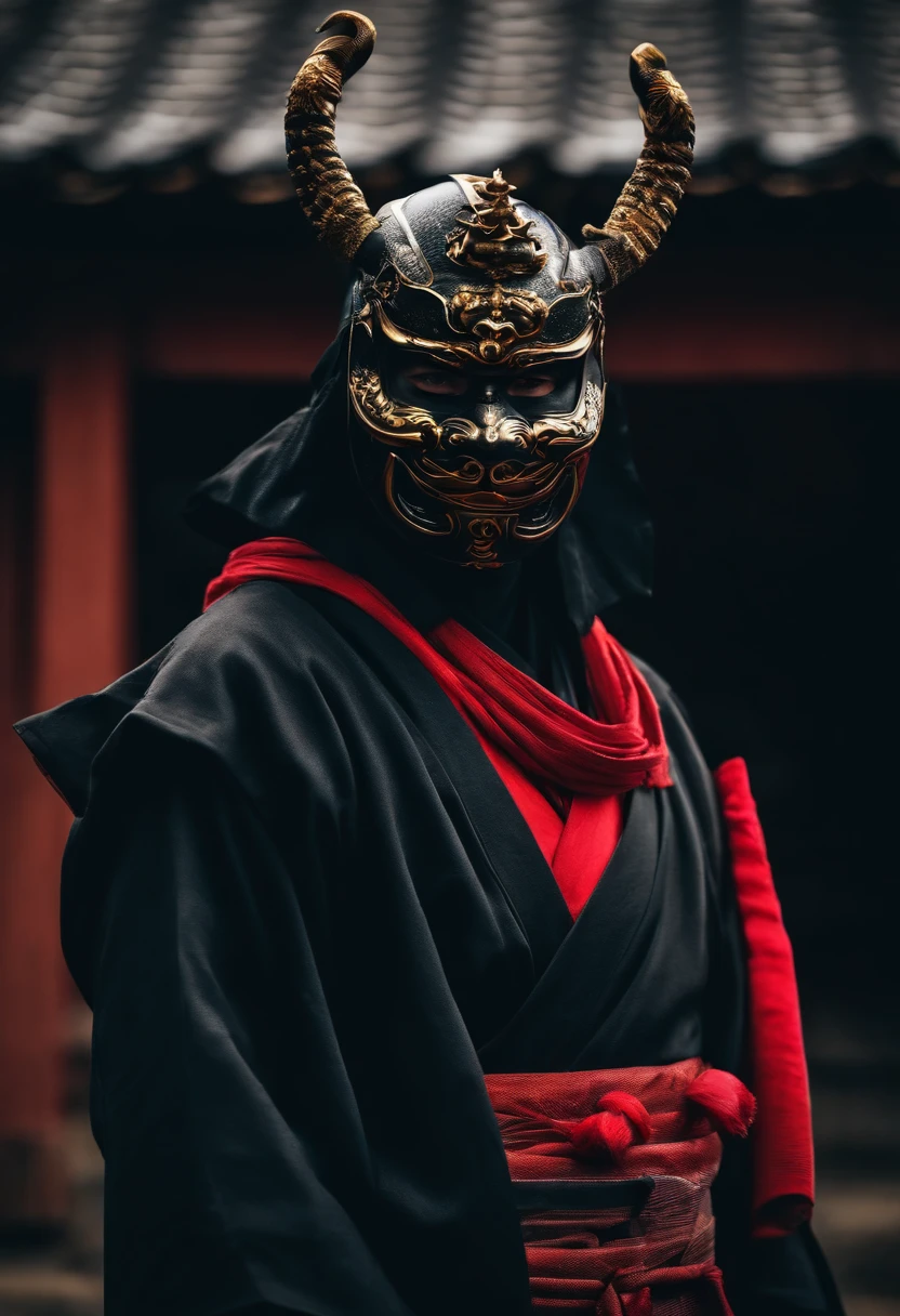 a ninja with a Japanese oni mask, com uma roupa preta, menacingly