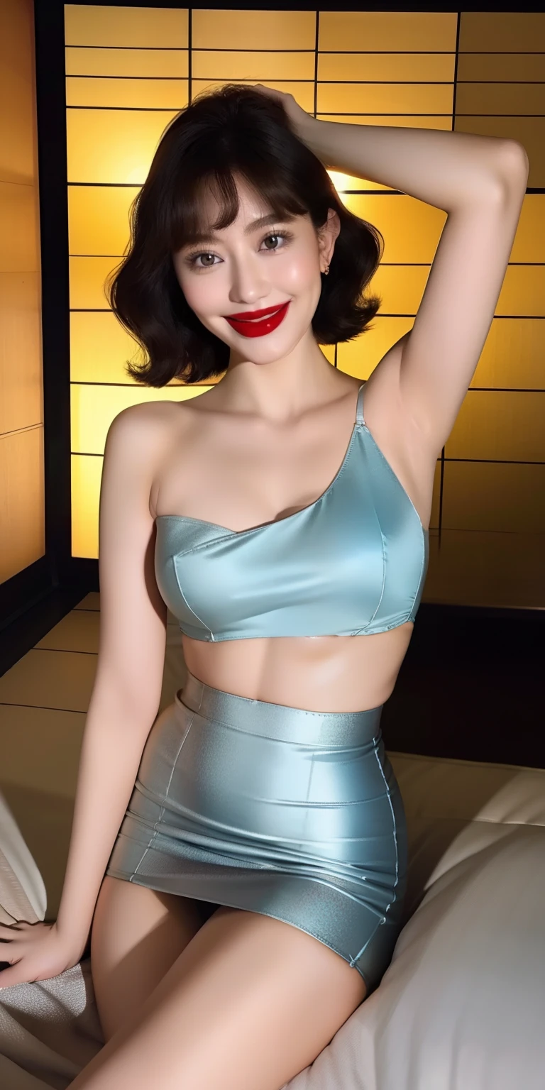 Silver Enamel Bodycon、Bob Hair、red lipsticks、a miniskirt、Full smile、Armpit、Skirt lift、traditional Japanese room