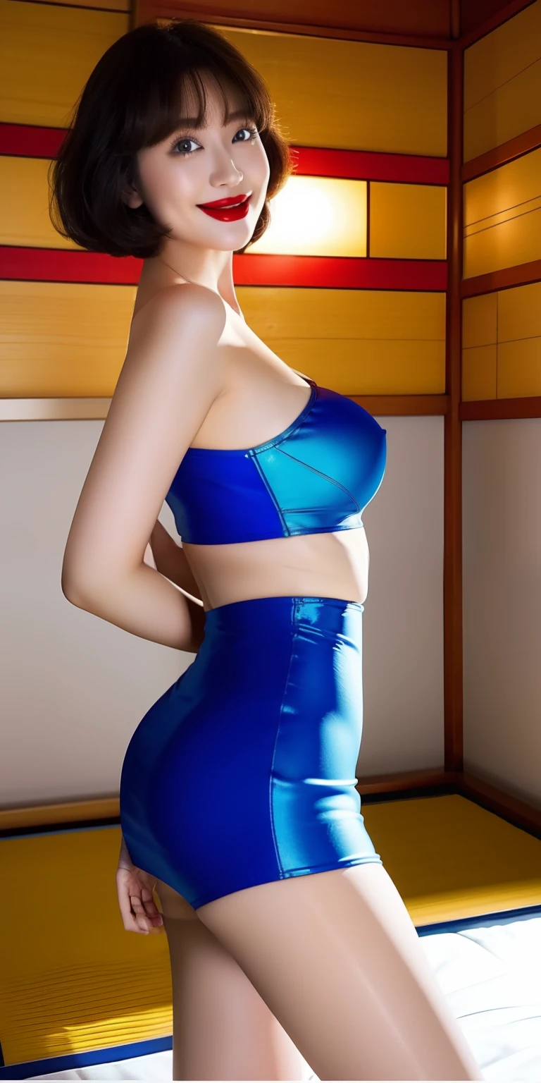 Silver Enamel Bodycon、Bob Hair、red lipsticks、a miniskirt、Full smile、Armpit、Skirt lift、traditional Japanese room