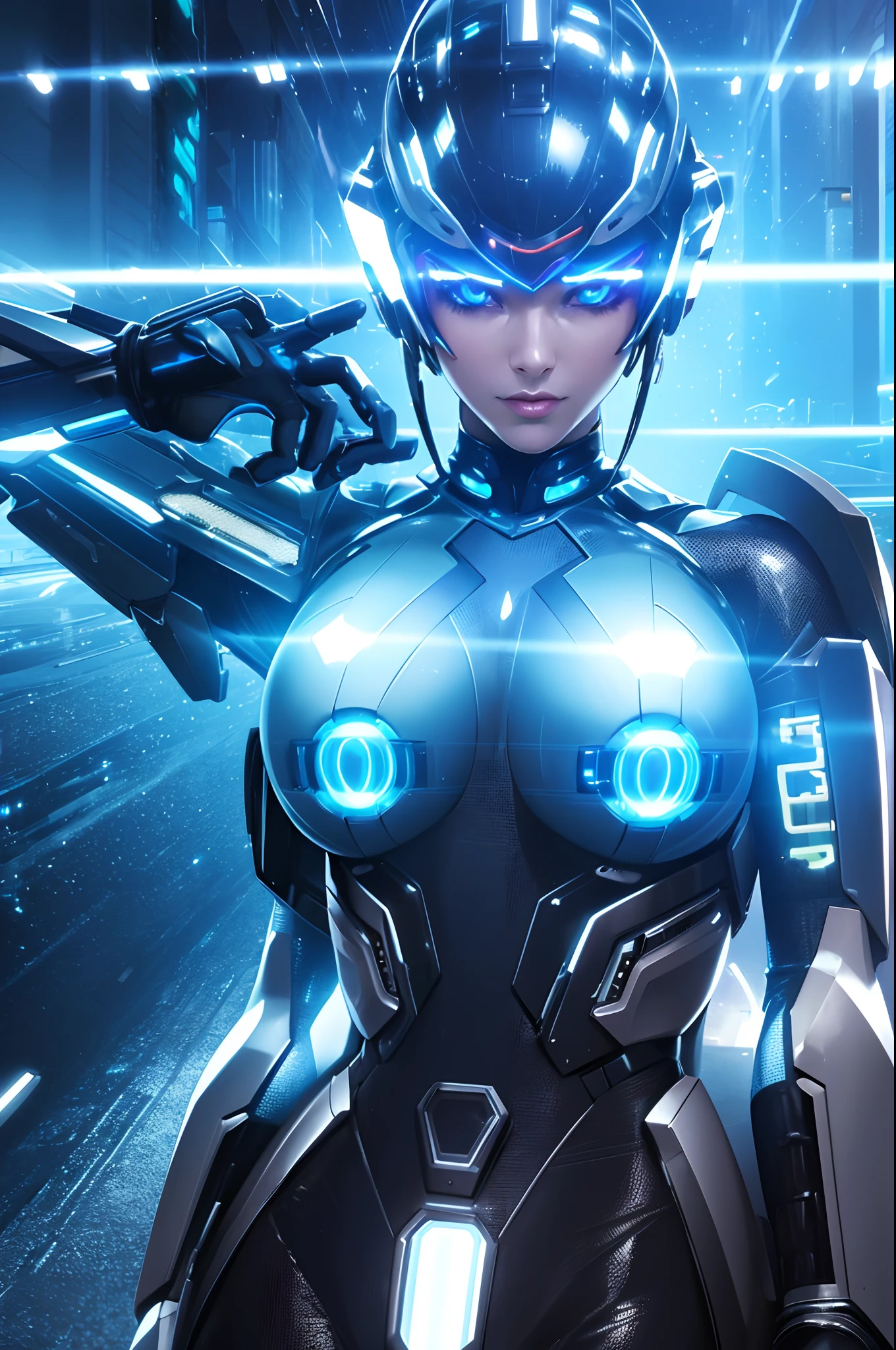 (Best quality,highres:1.2), ultra-detailed, (realistic:1.3), cyberpunk, futuristic, portrait, shiny latex outfit, cyber implants, virtual reality, glowing makeup, metallic body parts, body modification, techno atmosphere, cityscape background, hovering robotic arms, advanced technology, electric blue color palette, surreal lighting.