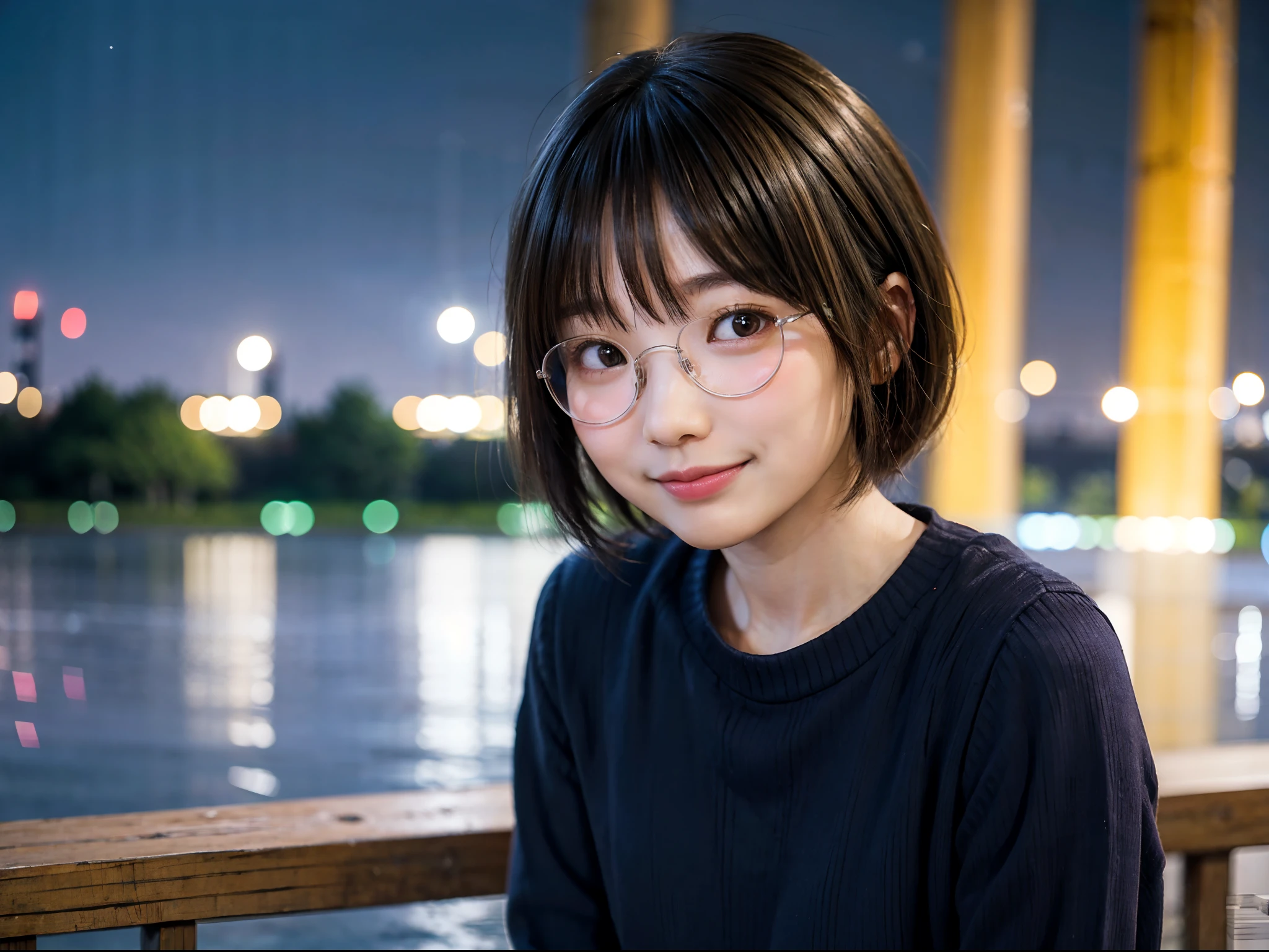Japan girls in casual clothes、Watch your audience、Tokyo cityscape at night、(top-quality、Master masterpiece)))、HD fine、ighly detailed、Master masterpiece、灯光、(8K、top-quality、Master masterpiece:1.2)、(realisitic、Photorealsitic:1.37) Hi-Res、Super Detail、Woman with glasses、Silent look、Round glasses、Asian, cute little, Cute face, Solo, Short hair 1.2, Textured skin, Beautiful smile, Beautiful detailed night sky, night landscape, 电影, depth of fields, Lens flare light、Dating、(blush nose)、、(Mouth closed)tiny chest、Beautiful eye for detail、(Sweaters:1.1)、(Short hair:1.2)、Floating hair Nova frog style、