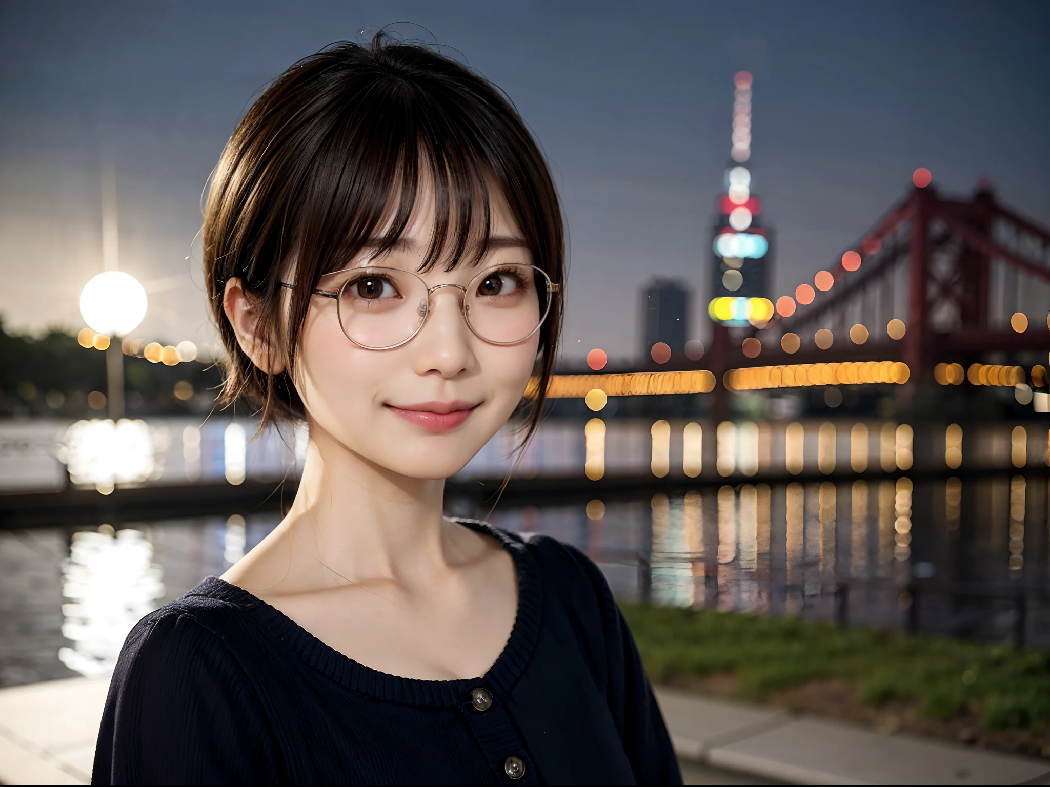 Japan girls in casual clothes、Watch your audience、Tokyo cityscape at night、(top-quality、Master masterpiece)))、HD fine、ighly detailed、Master masterpiece、灯光、(8K、top-quality、Master masterpiece:1.2)、(realisitic、Photorealsitic:1.37) Hi-Res、Super Detail、Woman with glasses、Silent look、Round glasses、Asian, cute little, Cute face, Solo, Short hair 1.2, Textured skin, Beautiful smile, Beautiful detailed night sky, night landscape, 电影, depth of fields, Lens flare light、Dating、(blush nose)、、(Mouth closed)tiny chest、Beautiful eye for detail、(Sweaters:1.1)、(Short hair:1.2)、Floating hair Nova frog style、