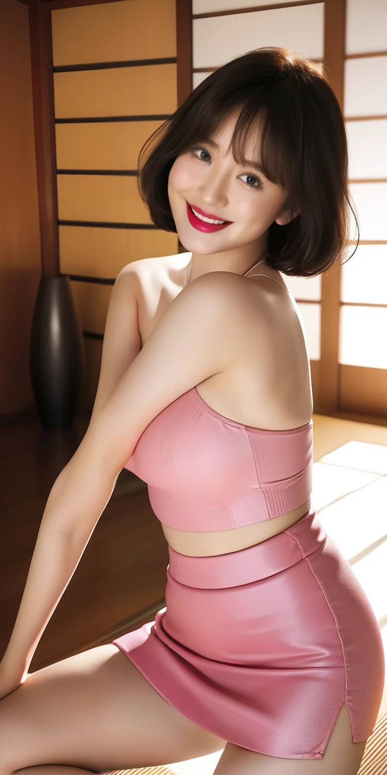Silver Enamel Bodycon、Bob Hair、pink lipsticks、a miniskirt、Full smile、Armpit、Skirt lift、traditional Japanese room