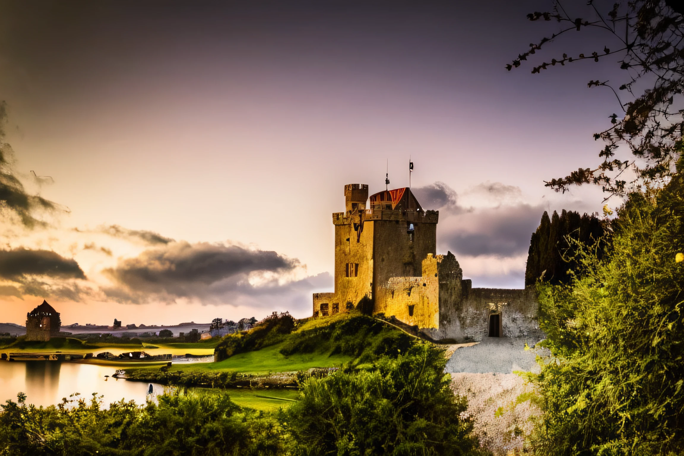 There is a castle sitting on a hill next to a lake, Castelo vermelho no fundo, Castelo velho, Castelo de Scarry). mistic, um castelo medieval, castle in distance, localizado em um castelo, castelo, Castelo bonito, castelo no fundo, Castelo ao longe, Castelo no fundo, is a stunning, Irlanda, Castelo medieval no fundo, uma torre de menagem medieval