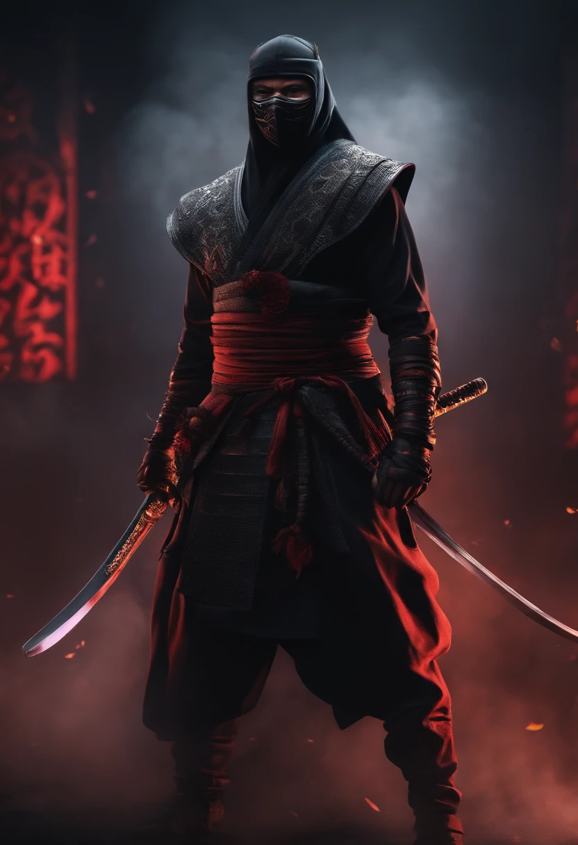 (highres, ultra-detailed), menacingly, a ninja with a Japanese oni mask, black outfit