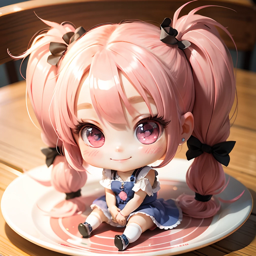 Cute chibi anime sitting on a plate, long pink hair with twin tails、I have cat ears、Wear a blue mini dress, Smiling, Logo is cheap、Iridescent colors、Heavily