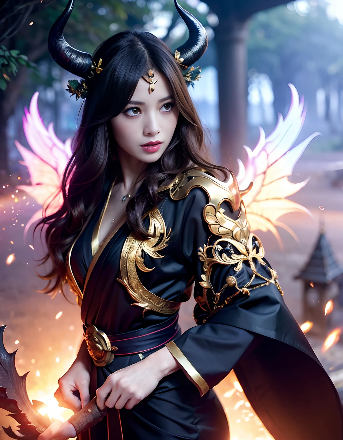 ((World of Darkness)),Professional , masterpiece、top-quality、photos realistic , depth of fields 、(sexypose)、(Black maple on the background of full bloom),(Ultimate Beauty)、A dark-haired、(shrine background)、(Kimono with beautiful pattern)、(Night background)、Beautiful hair ornament on the head、((Precipitous cliffs)),(Wear a beautiful kimono),(Wear a beautiful kimono with colorful floral patterns)、Jewel Gold Weapon、Particles of light),(Wearing a wizard's hat)、Gorgeous gold weapons ,Castle background、(( Gorgeous Dragon Sword)) , (a dark night),,(maikurobikini) 、((Black Haired Beautiful Girl))、(Castle background)、(demonic wings)、((Gangle's forest background))、Beautiful Caucasian beauty、1a person、dynamic ungle,(((Two devil's horns on the head)))、Smaller head、Idle Smile、Thin and beautiful female hands、Mystical expression、Light Effects、intense fighting、Wind-effect、magic circles、With the legendary magic wand、Dragon's tail、