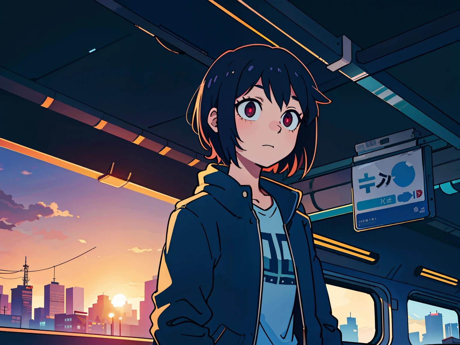 Teenage girl on the train, unclean,  City Background, Sunset
(top-quality:0.8), (top-quality:0.8), perfect anime illustration, Dark indistinct face, Glowing eyes