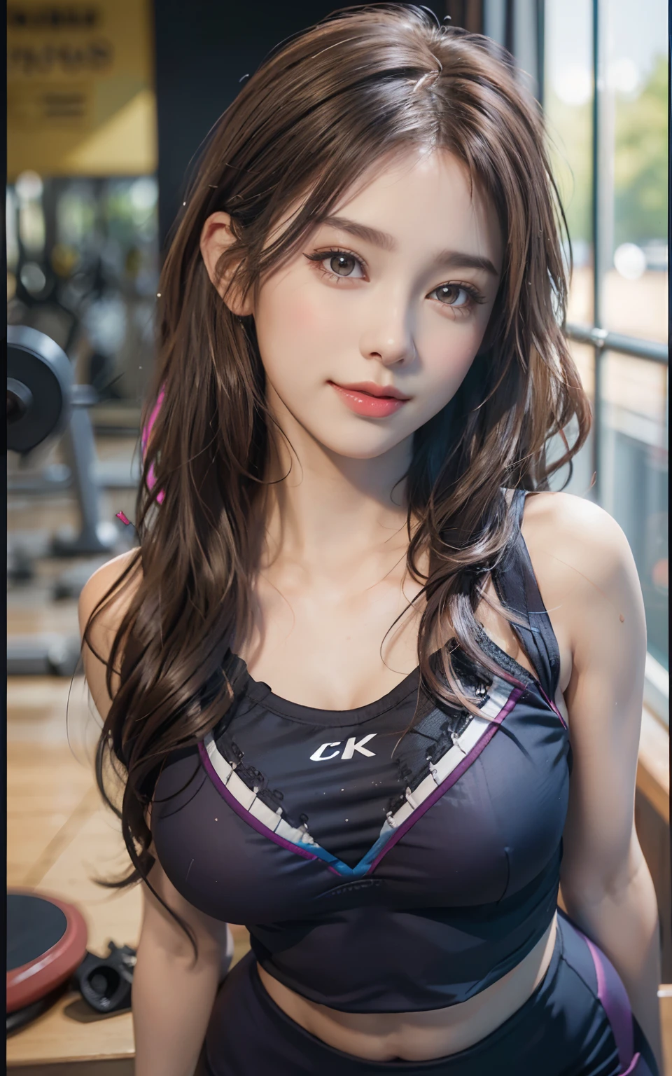 ((huge-breasted)), ((,)), ((Very small head)), Daylight, Sunlight, Bright light, (Perfect body : 1.1), (fullllbody), (short wavy hair:1.2, dark brown hair, Pink and blue mesh hair, Thin mesh), Full body shot, ((Tight workout wear), (Sweat), (Very detailed CG 8k wallpaper), (extremely delicate and beautiful), (masutepiece), (Best Quality:1.0), (超A high resolution:1.0), (realisitic), beautiful lightning ,Perfect Lightning, Realistic Shadows, [hight resolution], Detailed skin, Ultra-detailed, Slim body), (Beautiful hair, Wavy Hair, Real Hair, detailed hairs, High Ponytail), Fine Collarbone, Beautiful breasts, blush, Photorealistic, Realistic face, Beautiful face, Cute face, Realistic eyes, Small eyes, Cute smile, (((Colorful))), (eye liner), (mascara), (eye shadow), (At the gym), Looking back, bighip, (child-faced)